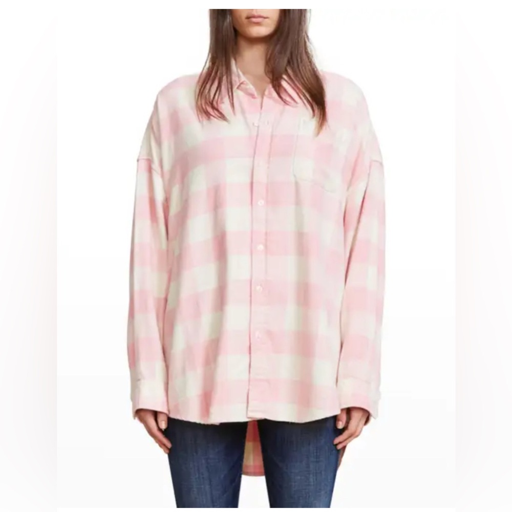 Denimist Button Front Shirt in Light Pink & Ecru Plaid